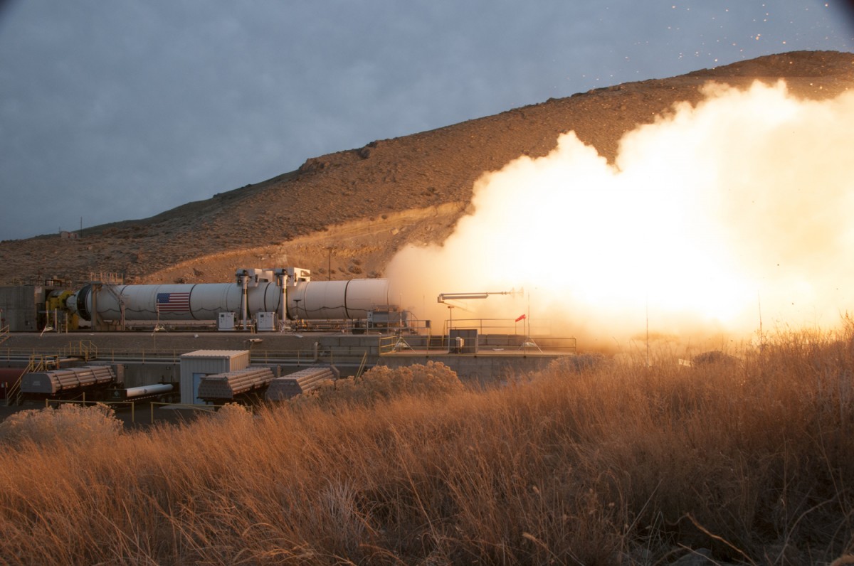 At the Orbital ATK test facility, the booster for NASA’s Space Launch System rocket was fired for a two minute test on March 11. The test is one of two that will qualify the booster for flight before SLS begins carrying NASA’s Orion spacecraft and other potential payloads to deep space destinations. Image credit: NASA.
