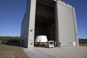 Aft Skirt transported from the Booster Fabrication Facility (BFF) to the Rotation Processing and Surge Facility (RPSF).